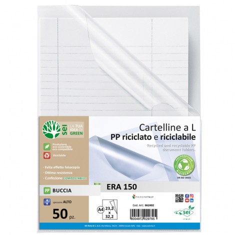 Cartelline a L Era 150 A4 - 21x29,7cm - Cartelline a L in PPL con lunetta laterale per facilitare l`inserimento o l`estrazione - 25pz