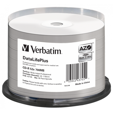 Verbatim CD-R 700MB con velocità 52x e durata 80min - 50 CD-R medicali (DataLifePlus), con tecnologia AZO per protezione contro raggi UV, superficie stampabile, strato di argento per prestazioni superiori, in campana
