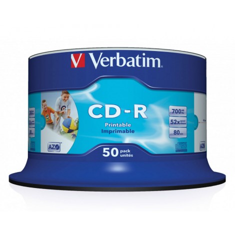 Verbatim CD-R 700MB con velocità 52x e durata 80min - 50 CD-R con tecnologia AZO per protezione contro raggi UV, superficie stampabile, strato di argento per prestazioni superiori, in campana