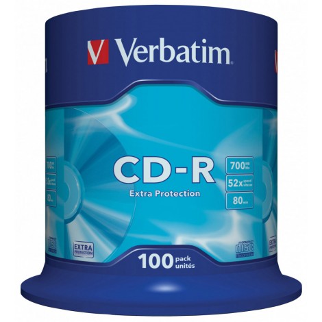 Verbatim  CD-R 700MB con velocità 52x e durata 80min - 100 CD-R con superficie extra protection ed uno strato di argento per prestazioni superiori, in campana