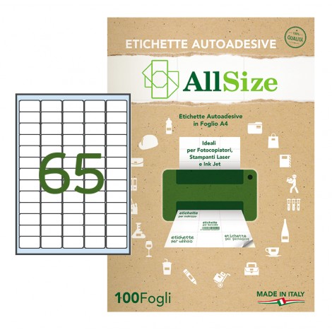 Rotolificio Pugliese Etichette adesive in fogli A4 – Etichette adesive bianche con angoli arrotondati (38,1x21,2mm), 65 etichette per foglio - 100 fogli