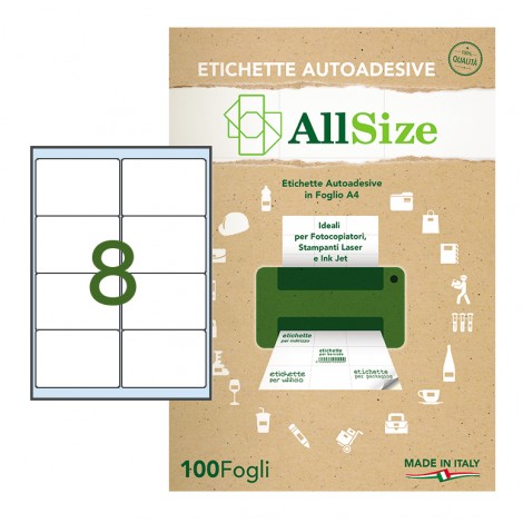 Rotolificio Pugliese Etichette adesive in fogli A4 – Etichette adesive bianche con angoli arrotondati (99,1x67,7mm), 8 etichette per foglio - 100 fogli