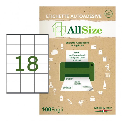 Rotolificio Pugliese Etichette adesive in fogli A4 – Etichette adesive bianche permanenti con margini (70x48mm), 18 etichetta per foglio - 100 fogli