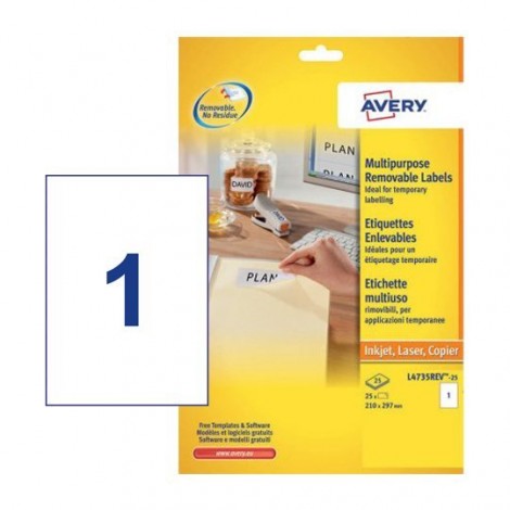 Avery 25 ETICHETTE BIANCHE RIMOVIBILI ECOLOGICHE (210x297mm) PER STAMPANTI LASER - FSC - 25 FOGLI - 1CONF.