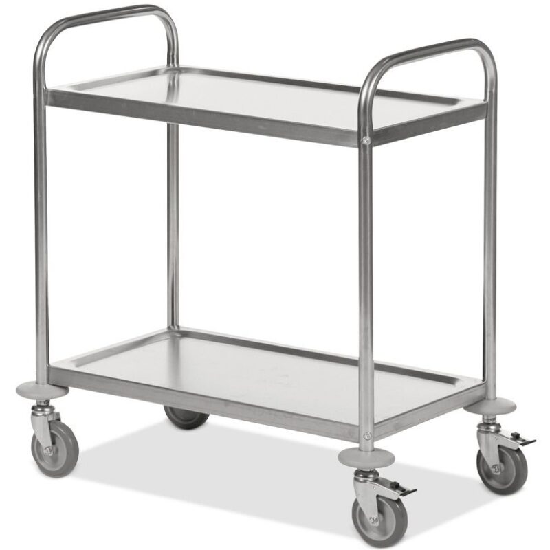 Carrello per il trasporto in acciaio inox con 2 ripiani e 4 ruote