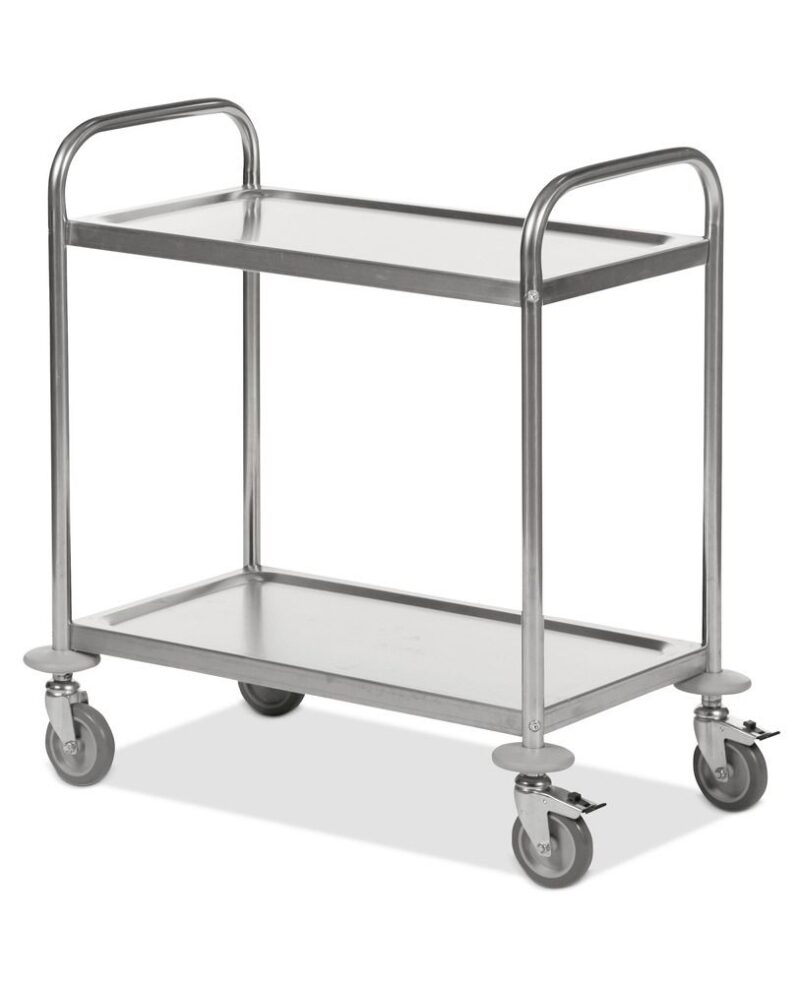 Carrello per il trasporto in acciaio inox con 2 ripiani e 4 ruote
