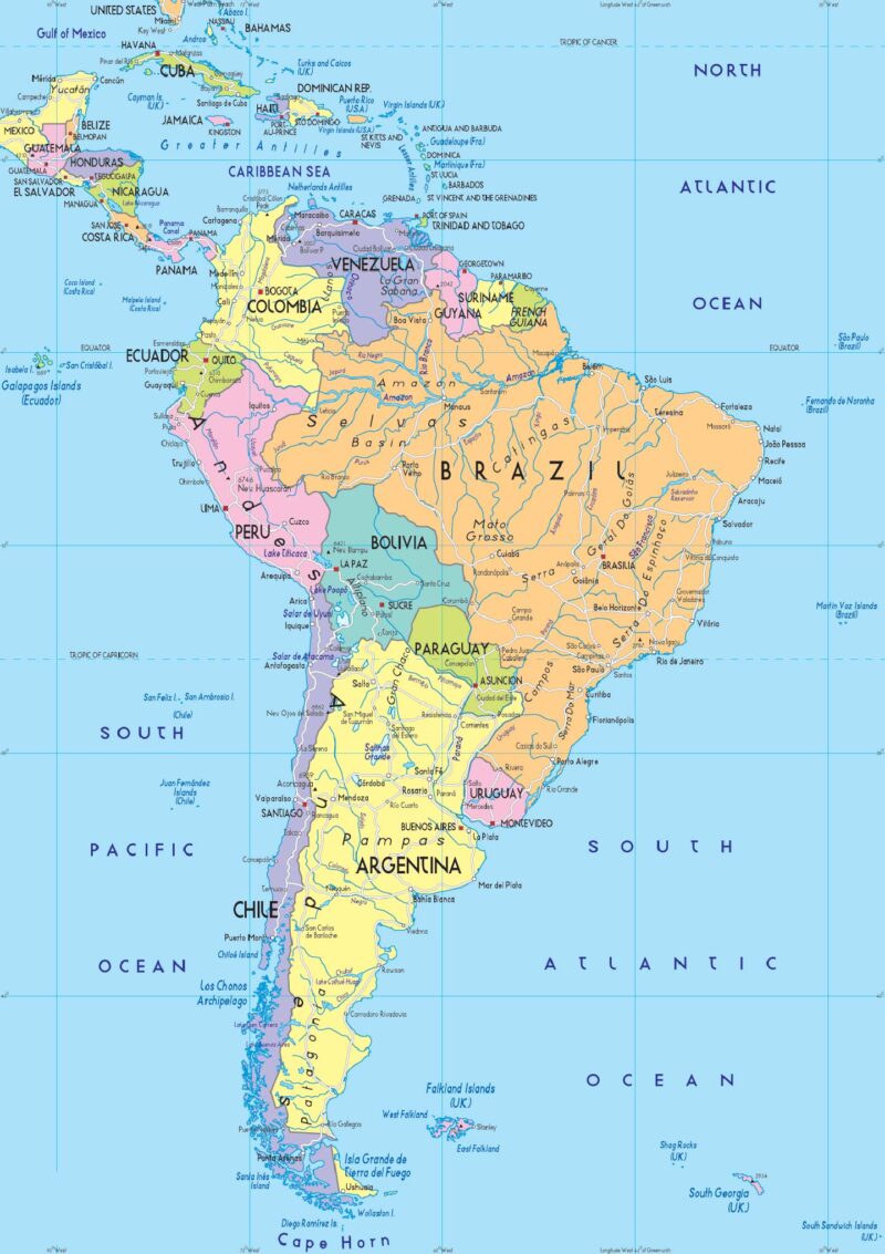 Carta geografica America Meridionale bifacciale fisica e politica 100x140 cm.