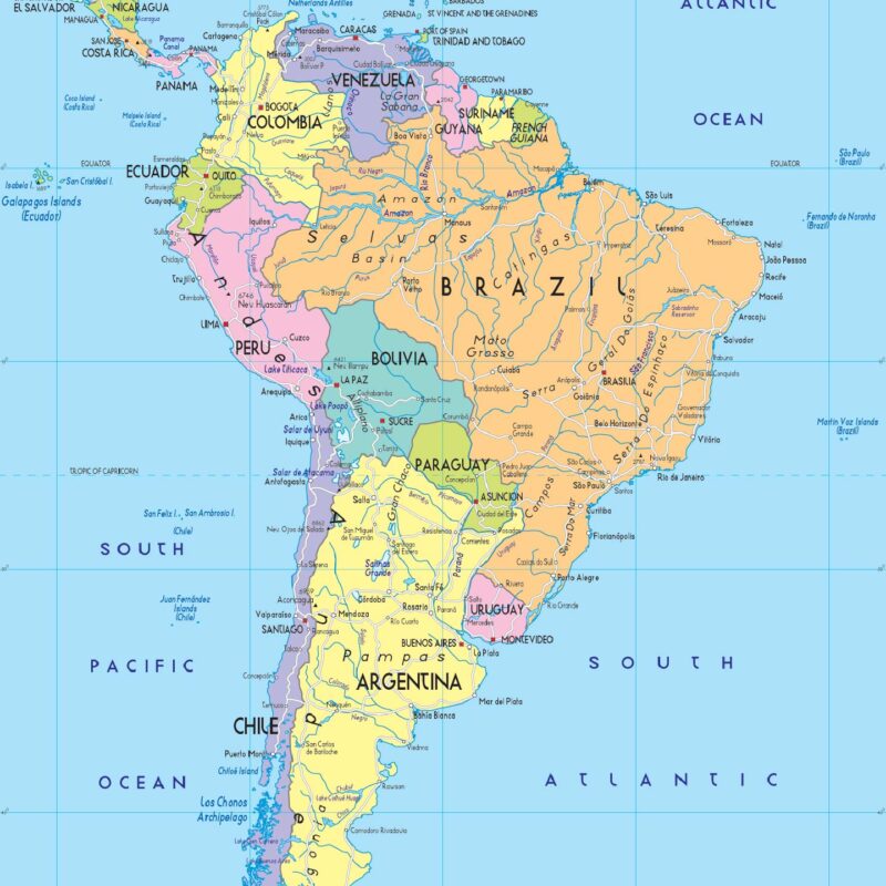 Carta geografica America Meridionale bifacciale fisica e politica 100x140 cm.