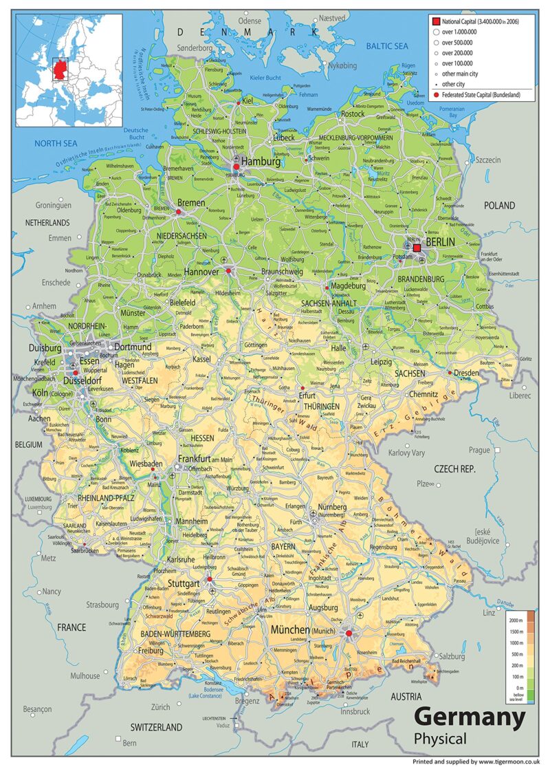 Carta geografica Germania bifacciale fisica e politica 100x140 cm