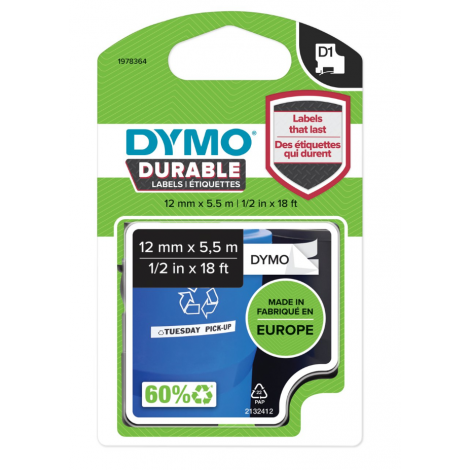 Dymo Nastro D1 durable in poliestere per Labelmanager/Labelpoint, 12mm x 5,5m, nero su bianco