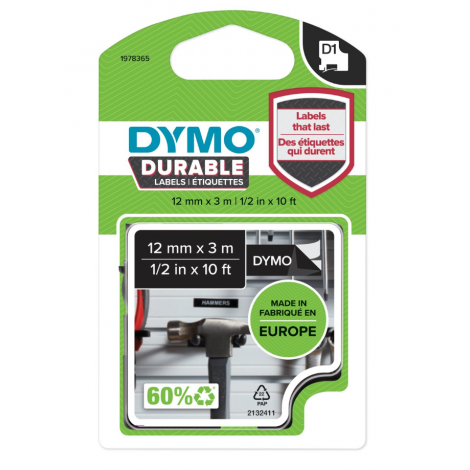 Dymo Nastro D1 durable in poliestere per Labelmanager/Labelpoint, 12mm x 3m, bianco su nero