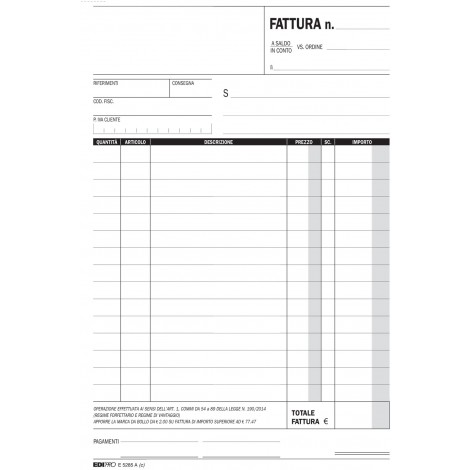 EdiPro Blocco fattura contribuenti in regime di vantaggio e forfettario 50 pagine per 2 copie, autoricalcante 22x14,8cm - Prezzo singolo ordine minimo 5pz