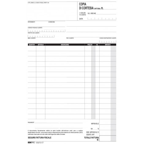 EdiPro Blocco copia di cortesia (fattura), 33 pagine per 3 copie, versione cartacea della fattura elettronica senza valore fiscale o civile 22x14,8cm - 1pz