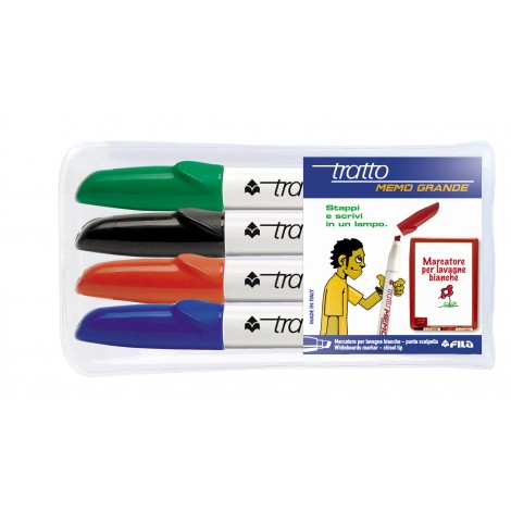Tratto Memo - Marcatore per lavagne con inchiostro cancellabile a secco, punta 7mm tratto 4-6,5mm colori assortiti - 4pz
