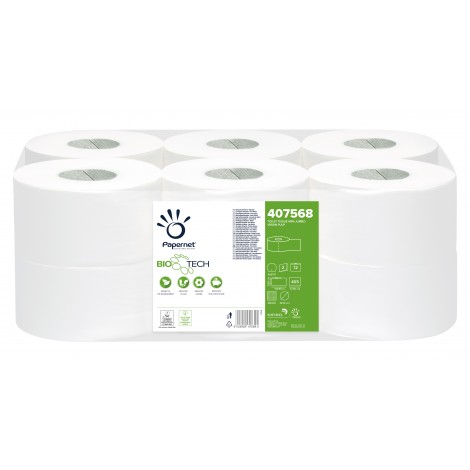 Papernet Carta igienica Biotech mini jumbo, riduce gli odori e gli intasamenti, 149,85m, 405 strappi in pura cellulosa, goffratura micro, 2 veli