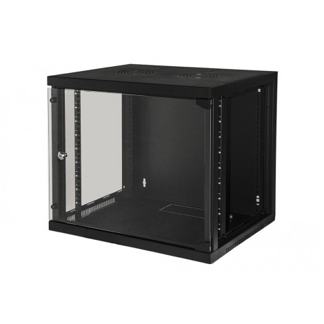 Link Armadio con fianchi laterali apribili. Porta frontale in vetro temperato, chiusura a chiave. 4 montanti laterali verticali da 19" regolabili, capacita` di carico massima 50kg, feritoie passacavi dall`alto o dal basso. 12 viti e tasselli montaggio muro inclusi. (A)485 x (L)540 x (P)450 mm - 1pz