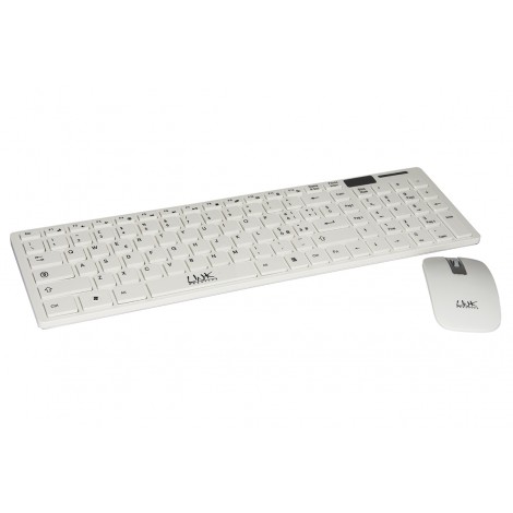 Link Kit di tastiera standard 104 tasti e mouse ergonomico con 3 tasti 1000/1600 DPI settabili - resistente all`acqua - interfaccia wireless con raggio d`azione fino a 10mt, batterie non incluse colore bianco - 1pz