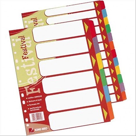 King Mec Separatori Festival, 12 tasti - Divisori in cartoncino con foratura universale, dotato di pagina indice frontale prestampato e tasti colorati, formato A4, 240gr - 1pz