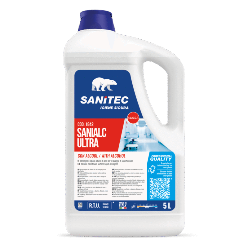 Detergente Sanialc Ultra a base di alcol per superfici dure tanica da 5 lt