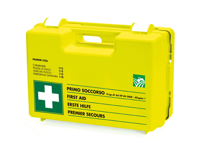 Valigetta Pronto soccorso AGROFLUO AB – D.L. 81/08 Kit ideali per i lavoratori nei campi, aziende agricole, fattorie, masserie, cascine e cantine sociali.