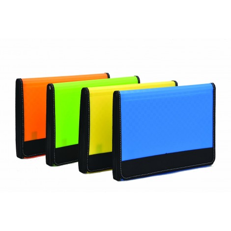 Siam Classificatore valigetta con bordadura in tessuto, 12 tasche, in PPL, formato 21x29,7cm, colori assortiti neon. Prezzo singolo, ord. minimo 12pz