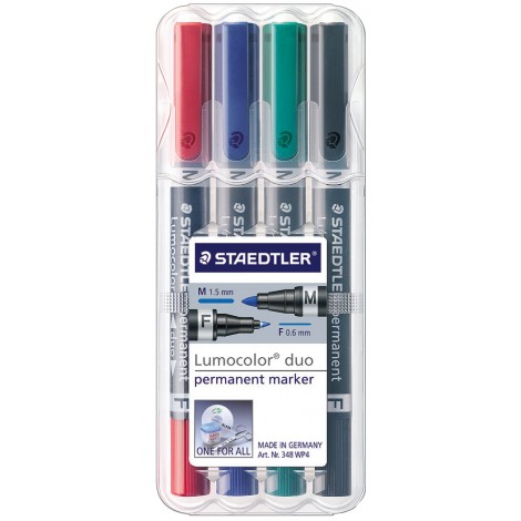 Staedtler Lumocolor 348-WP4 - Marcatore permanente con inchiostro a base d`alcool, doppia punta da 0,6 o 1,5mm, colori assortiti - 4pz - 348 WP4