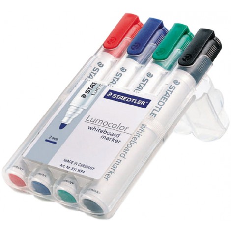 Staedtler Lumocolor 351-WP4 - Marcatore per lavagne con punta sintetica da 2mm, colori assortiti - 4pz - 351 WP4