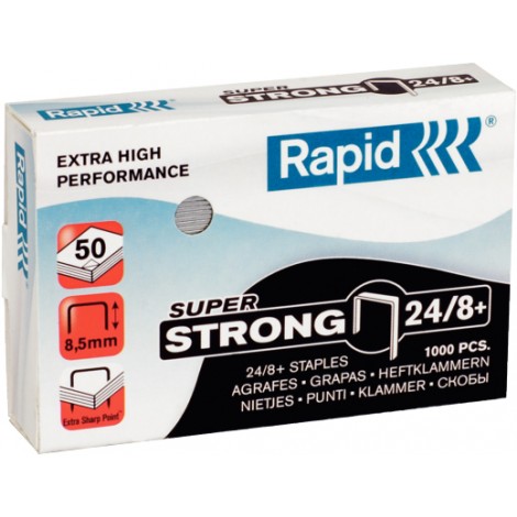Rapid 24/8+ Super strong - Punti per cucitrici - Scatola 1000 punti in filo metallico extra strong, lunghezza gamba 8,5mm per cucire fino a 50 fogli - Prezzo singolo, ord. minimo 5pz - 24858500
