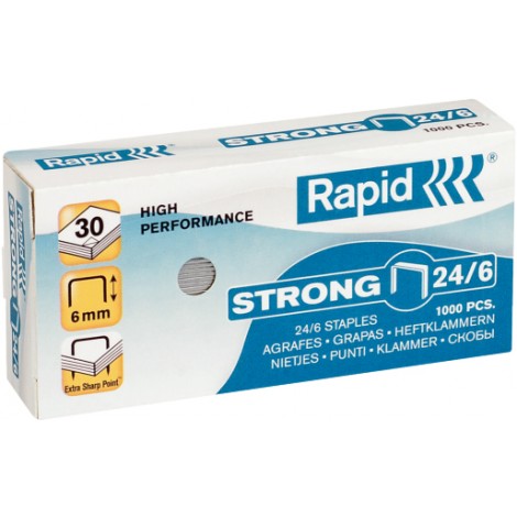 Rapid 24/6 Strong - Punti per cucitrici - Scatola 1000 punti in filo metallico robusto, lunghezza gamba 6mm per cucire fino a 30 fogli - 1pz - 24855800