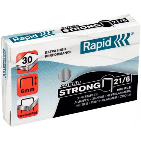 Rapid 21/6 Super strong - Punti per cucitrici - Scatola 1000 punti in filo metallico extra strong, lunghezza gamba 6mm per cucire fino a 30 fogli - 1pz - 24867700