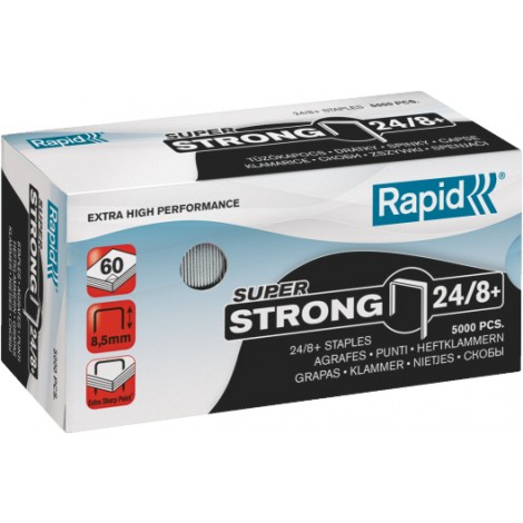 Rapid 24/8+ Super strong - Punti per cucitrici - Scatola 5000 punti in filo metallico extra strong, lunghezza gamba 8,5mm per cucire fino a 50 fogli - 1pz - 24860100