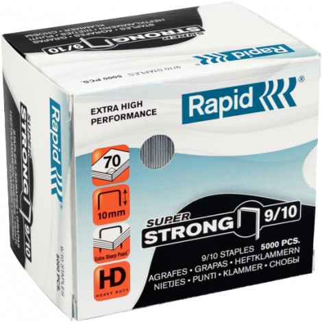 Rapid 9/10 Super strong - Punti per cucitrici - Scatola 5000 punti in filo metallico extra strong, lunghezza gamba 10mm per cucire fino a 70 fogli - 1pz - 24871200