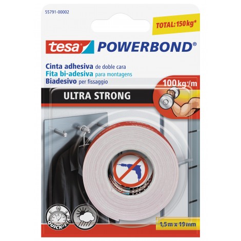 Tesa Powerbond - Nastro biadesivo ultra Strong, 19mm x 1,5m, colore bianco  - 1pz - 55791-00002-04