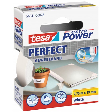 Tesa Extra Power Perfect – Nastro adesivo telato rinforzato, scrivibile, 19mm x 2,75m, colore bianco – 1pz - 56341-00028-04