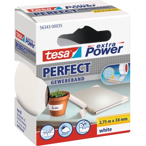 Tesa Extra Power Perfect - Nastro adesivo telato rinforzato, scrivibile, 38mm x 2,75m, colore bianco - 1pz - 56343-00035-04