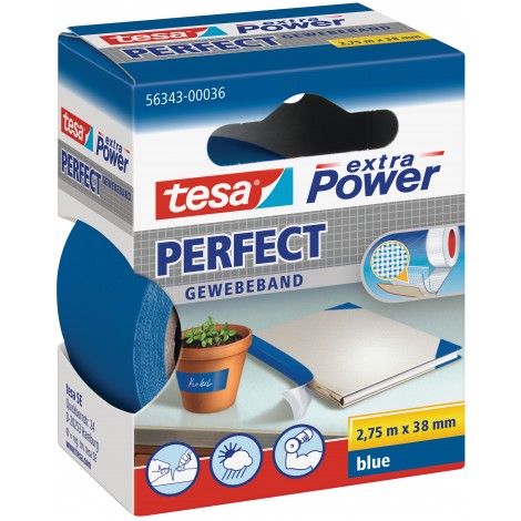 Tesa Extra Power Perfect - Nastro adesivo telato rinforzato, scrivibile, 38mm x 2,75m, colore blu  - 1pz - 56343-00036-04