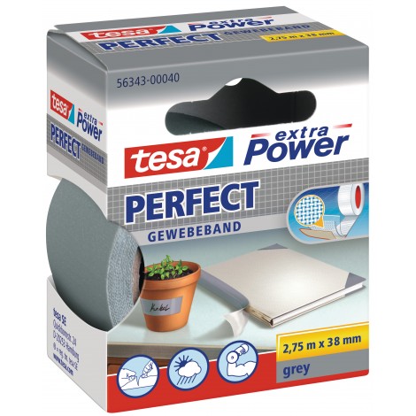 Tesa Extra Power Perfect – Nastro adesivo telato rinforzato, scrivibile, 38mm x 2,75m, colore grigio – 1pz – 56343-00040-04