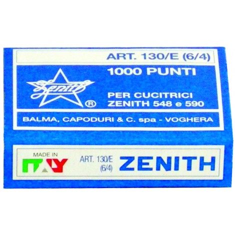 Zenith 6/4 130/E - Punti per cucitrici - Scatola 1000 punti in filo metallico, lunghezza gamba 4mm per cucire fino a 15 fogli - Prezzo singolo, ord. minimo 10pz - 0311301401