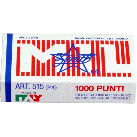 Zenith 24/6 515 - Punti per cucitriciScatola 1000 punti in filo metallico, lunghezza gamba 6mm per cucire fino a 30 fogli - Prezzo singolo, ord. minimo 10pz - 0305151601