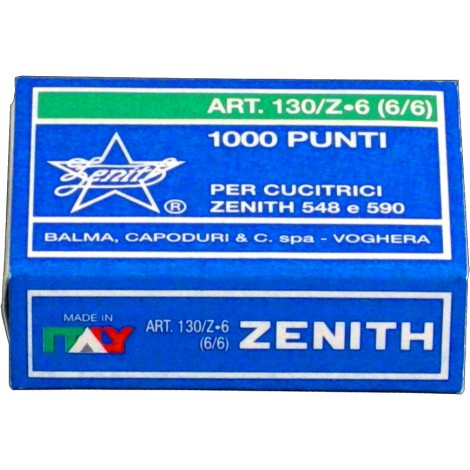 Zenith  6/6 130/Z6 - Punti per cucitrici - Scatola 1000 punti in filo metallico, lunghezza gamba 6mm per cucire fino a 30 fogli - Prezzo singolo, ord. minimo 10pz - 301303601