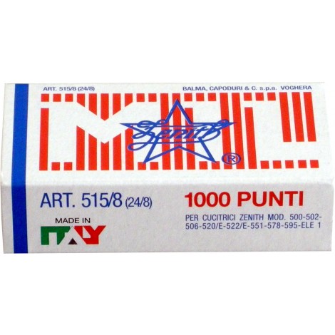 Zenith 24/8 515/8 - Punti per cucitrici - Scatola 1000 punti in filo metallico, lunghezza gamba 6mm per cucire fino a 35 fogli - Prezzo singolo, ord. minimo 10pz - 305151801