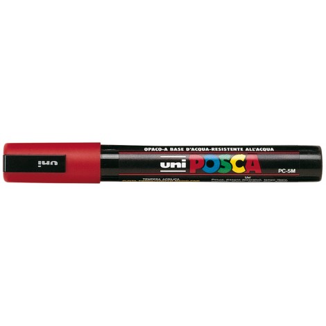 Uni Posca PC5M – Marcatore permanente a tempera con inchiostro pigmentato a base d`acqua, punta 2,5mm, colore rosso – 1pz – M PC5M R