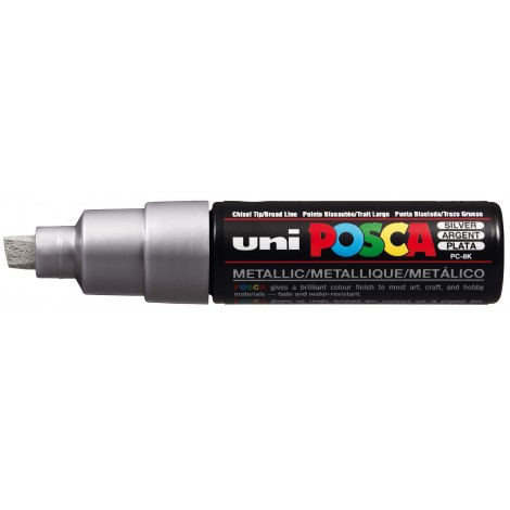Uni Posca PC8K - Marcatore permanente a tempera con inchiostro pigmentato a base d`acqua, punta 8mm, colore argento - 1pz - M PC8K ARG