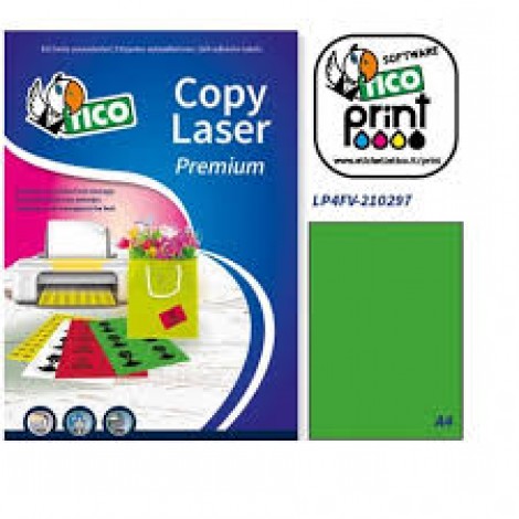 Tico 70 Etichette adesive in fogli A4 - Multiuso permanenti senza margini, (210mmx297mm), 147gr, 1 etichetta per foglio, colore verde  - 70 fogli