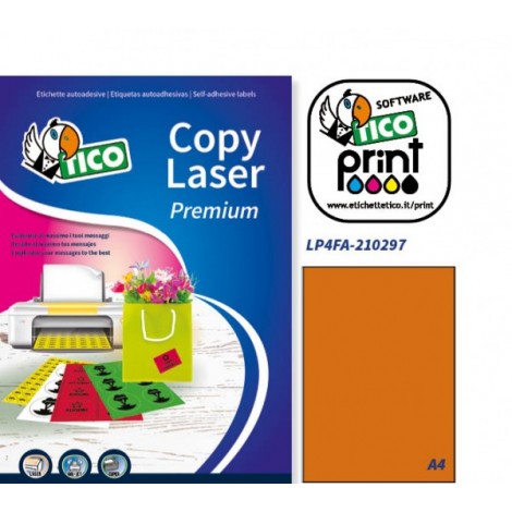 Tico 70 Etichette adesive in fogli A4 – Multiuso permanenti senza margini, (210x297mm), 147gr, 1 etichetta per foglio, colore arancione fluo - 70 fogli
