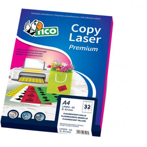 Tico 70 Etichette adesive in fogli A4 – Multiuso permanenti senza margini, (210x297mm), 147gr, 1 etichetta per foglio, colore giallo fluo  - 70 fogli