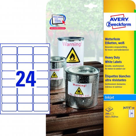 Avery 240 Etichette adesive in fogli A4 permanenti (63,5mmx33,9mm), 24 etichette per foglio - 10 fogli - J4773-10