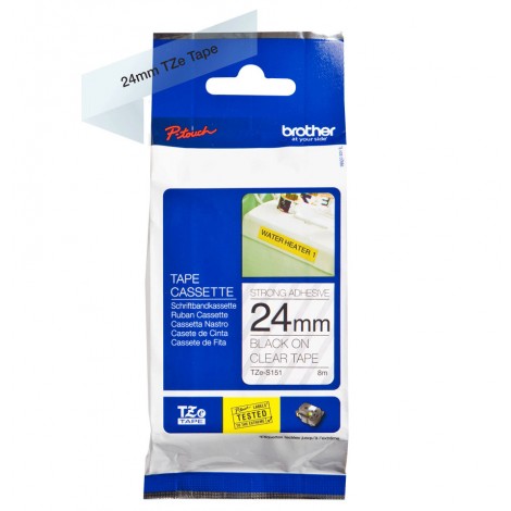 Brother Nastro TZe-S151 per PT-350/2400/9200, 24mm x 8m, nero su trasparente, adesivo resistente