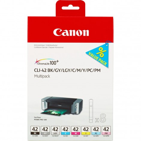 6384B010 CLI42 cartuccia multipack nero, grigio, grigio chiaro, ciano, magenta, giallo, ciano foto e magenta foto per Canon PIXMA PRO 100 (8x13ml) 1Conf.