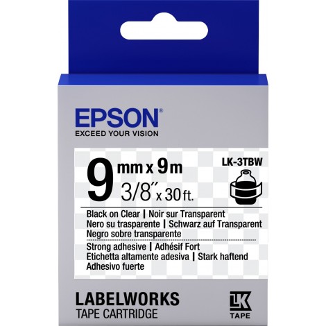 Epson Nastro per etichettatrice LK3TBW, nero su trasparente, altamente adesivo, 9mm x 9m